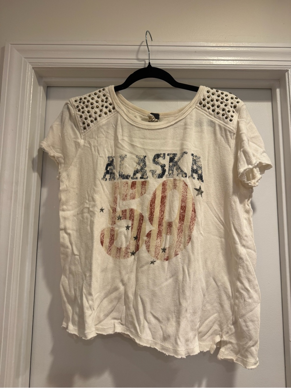 Free People Cream Graphic 'Alaska 50' Stud-Shoulder Tee